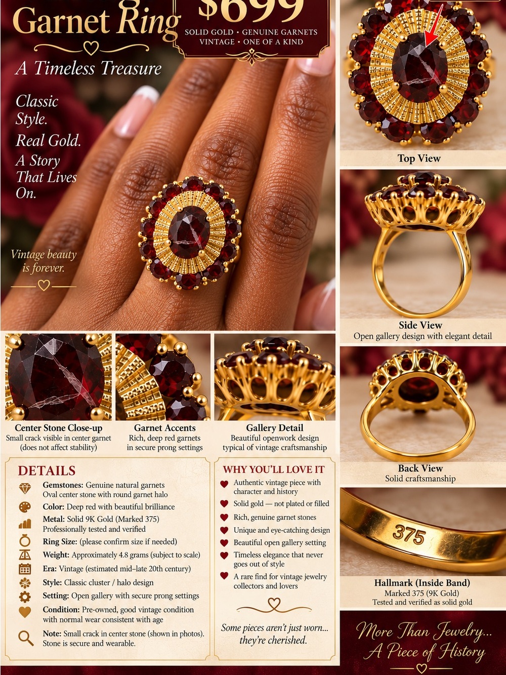 Vintage Garnet Halo Ring in 9K Gold - Deep Red Garnets- 6.87g/0.242oz